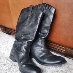 Frye Black Leather Mid-Calf Heeled Boots